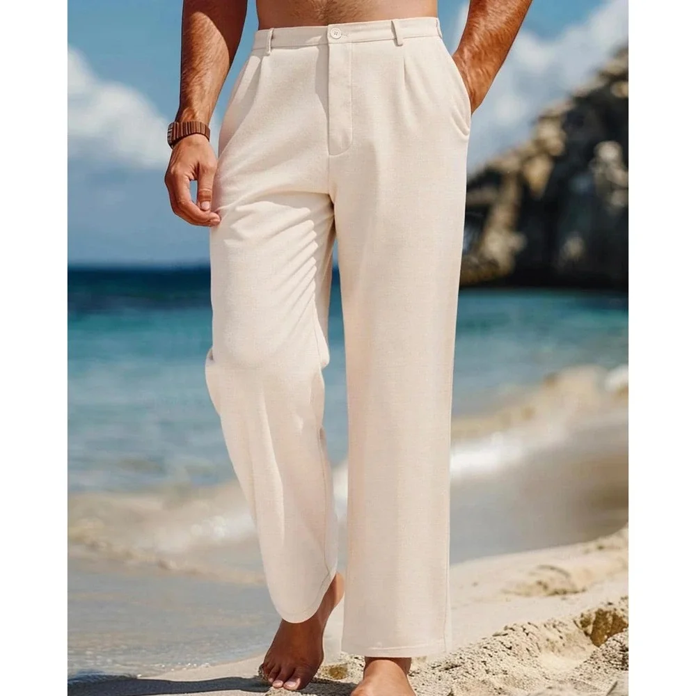 Akefun Mens Linen Blend Beach Pants Beige Cream Straight Leg Pleated